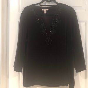 WOMENS BLACK VELOUR V NECK BEADED TOP